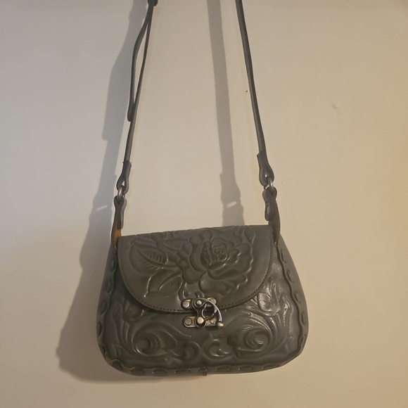 Patricia Nash Rose Tooled Micaela Baguette GrayCrossbody Shoulder Bag- Rare